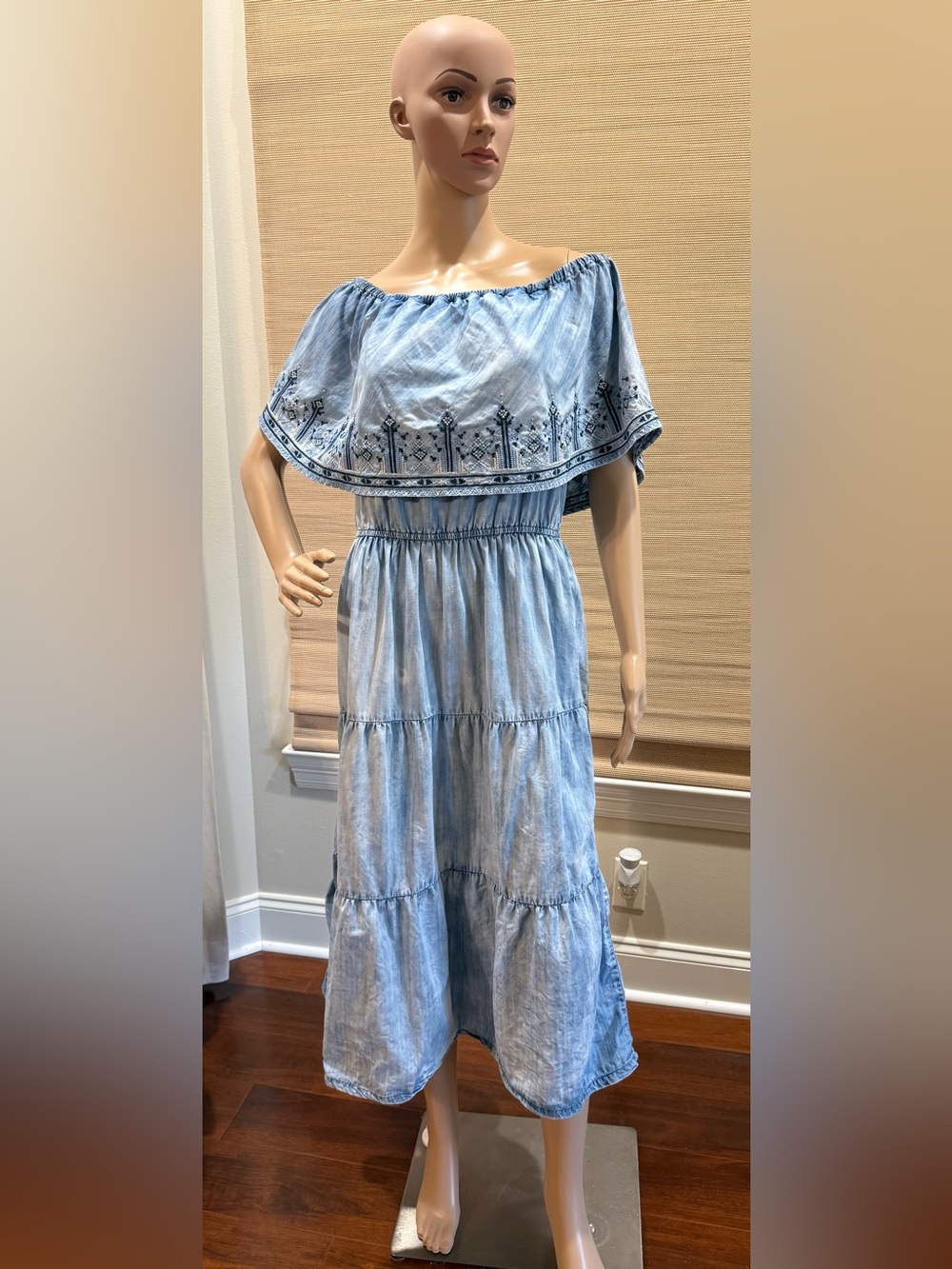 Reba Light Blue Off-Shoulder Embroidered Midi Dress